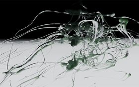 Between Groove And Grove – abstract 3D animation of intertwined white and green threads on a black-and-white background