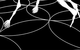 Between Groove And Grove – intertwined white 3D skeleton hands and arms with sweeping lines on a black background