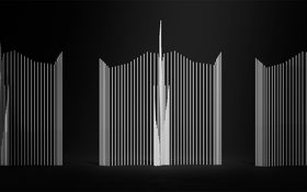 DIN – abstract 3D illustration of vertical white rods forming a wave-like silhouette on a black background