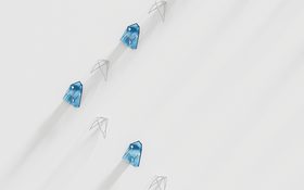 DIN – aerial view of blue, kite-like figures gliding diagonally across a light background
