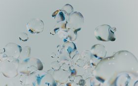 Polymerase – transparent, floating water bubbles of various sizes against a light blue background