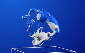 Pseudorandom – organic 3D sculpture in blue and white material, floating above a wireframe cube on a blue background
