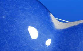 Pseudorandom – close-up of the blue-and-white organic sculpture surface against a blue sky