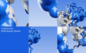 Pseudorandom – collage of several close-ups of the sculpture with the tagline „Uniqueness, Effortlessly Stored.“