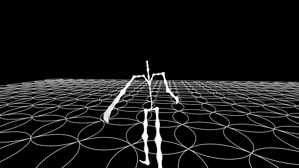 white stick-figure on a circular grid floor against a black background