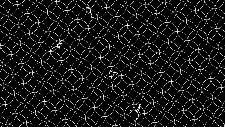 top-down view of a circular grid pattern with several small stick-figures scattered across the space