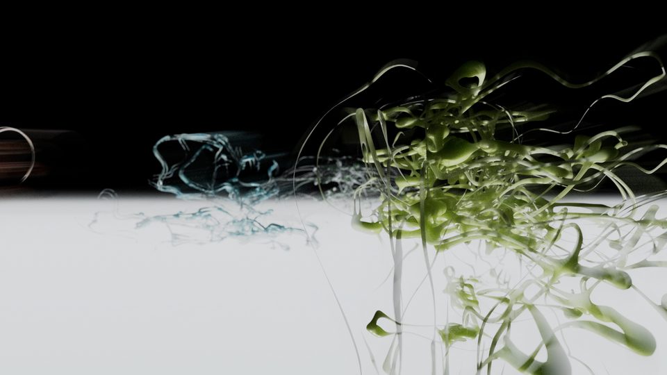 growth structure of entangled green and teal motion trails against a gradient background