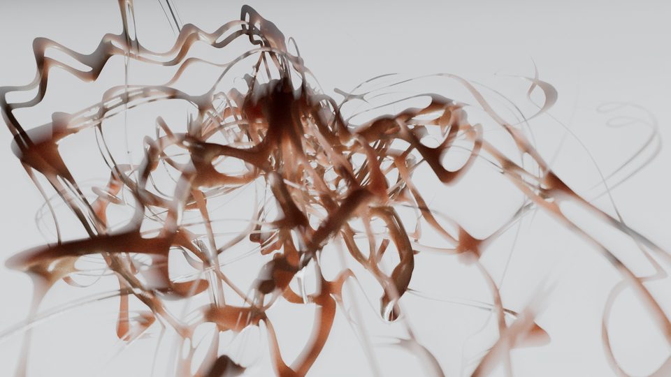 dense tangle of brown, ribbon-like motion trails against a light background
