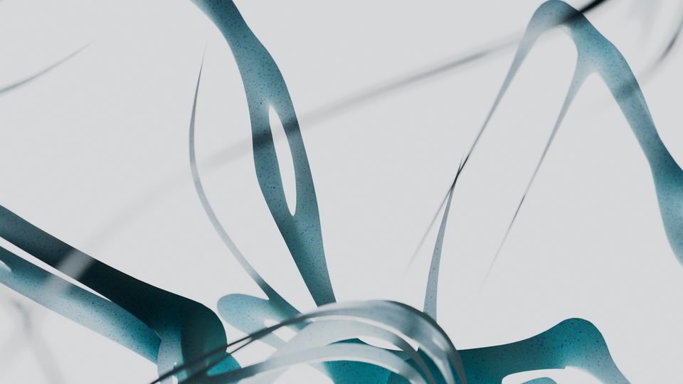 close-up of thin, ribbon-like motion trails in teal against a light grey background