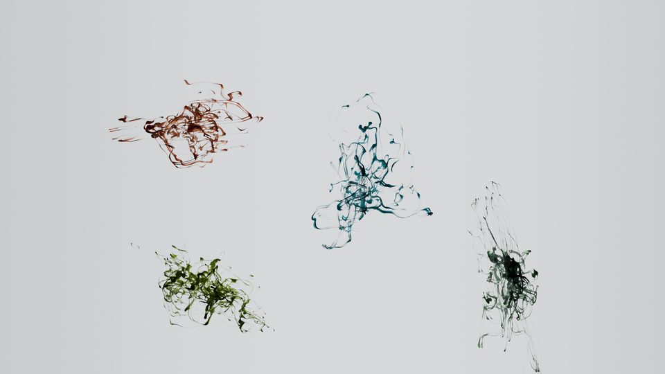 four colorful tangles of motion trails in brown, teal, green and dark green against a light grey background