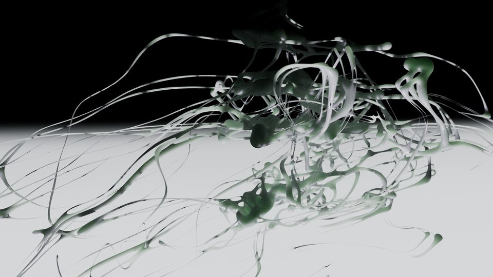 root-like tangle of glossy white growth threads against a black background