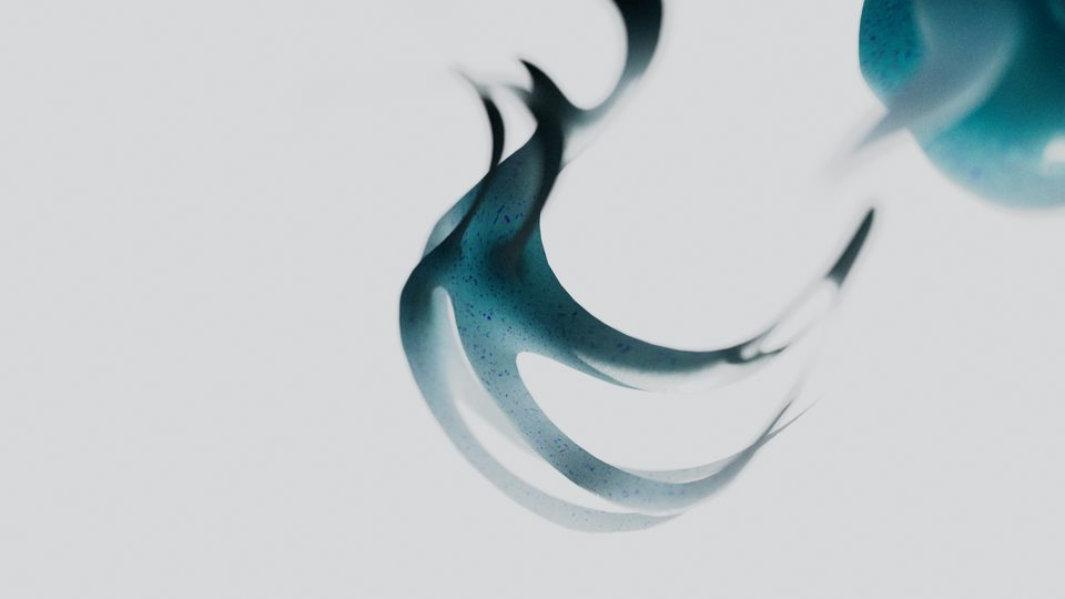 close-up of a curved, ribbon-like motion trail in teal against a light grey background