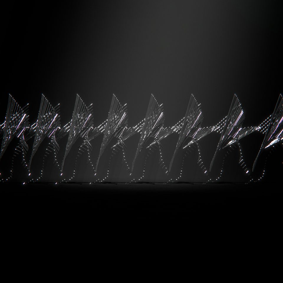 row of repeating, dance-like chrome shapes on a circular grid pattern against a black background