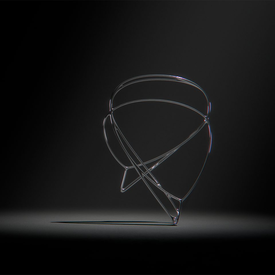 abstract, floating chrome sculpture made of sweeping lines reminiscent of a chair frame, against a dark background