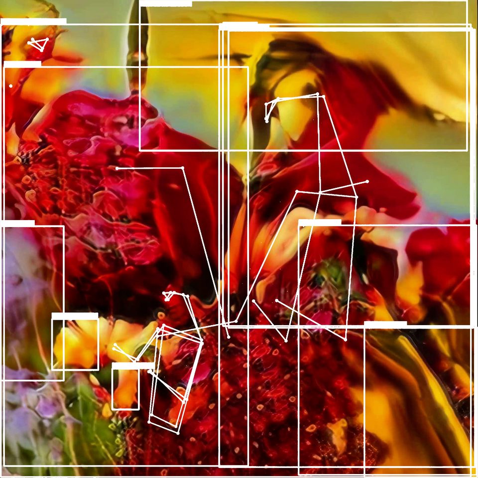 macro shot of a red blossom, overlaid with a white pose-detection skeleton