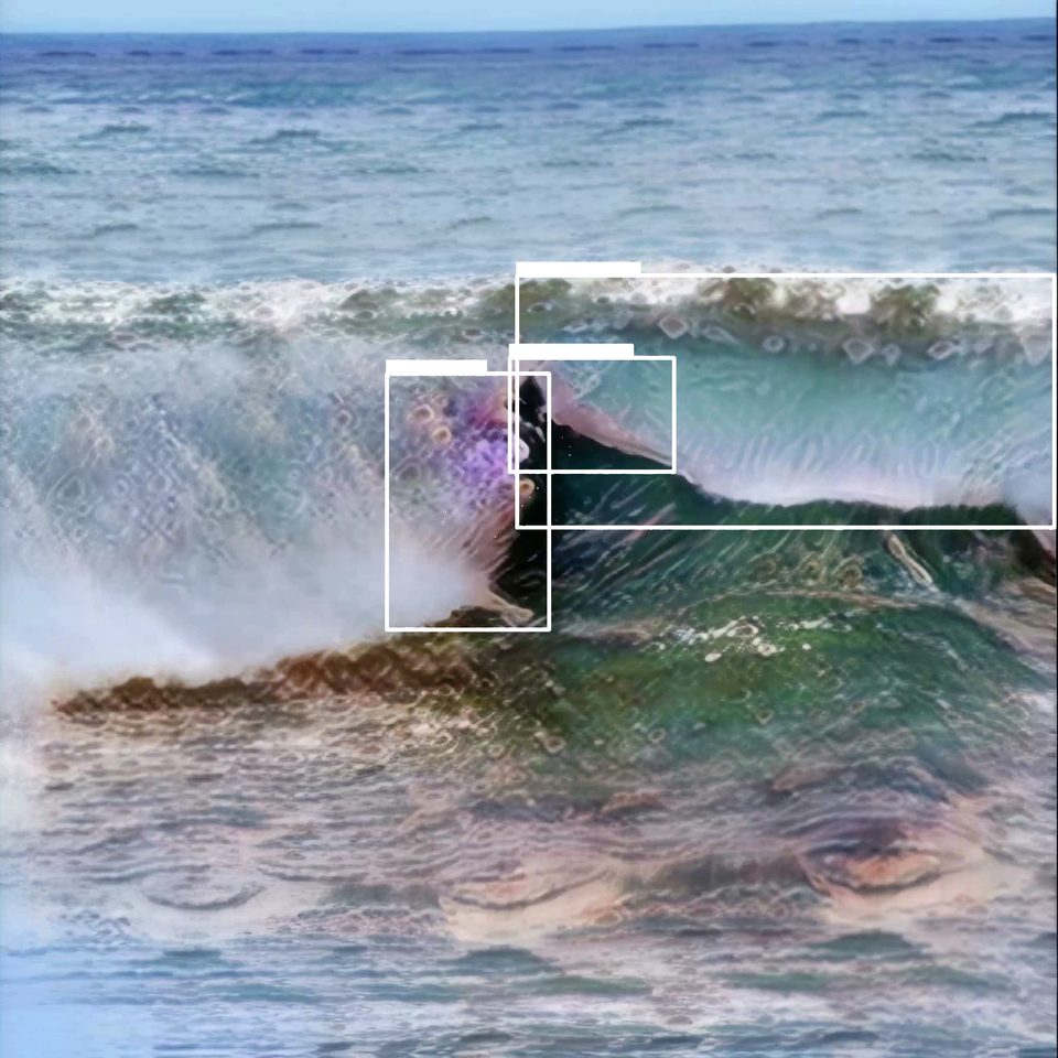 close-up of a breaking ocean wave, overlaid with white object-detection frames