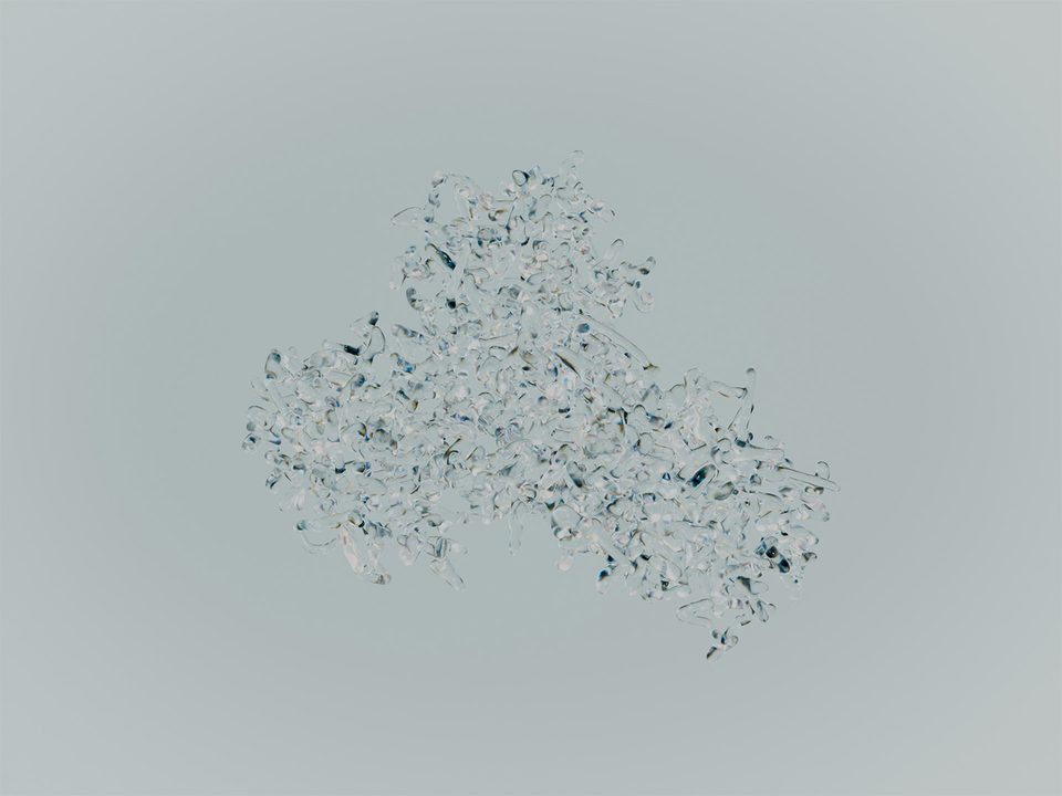 transparent, droplet-like 3D structure made of countless small volumes against a light grey background