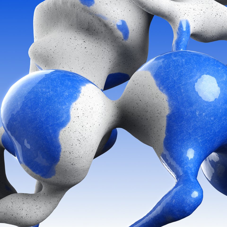 close-up of the pseudorandom sculpture: rough, off-white surface with glossy blue patches against a blue background
