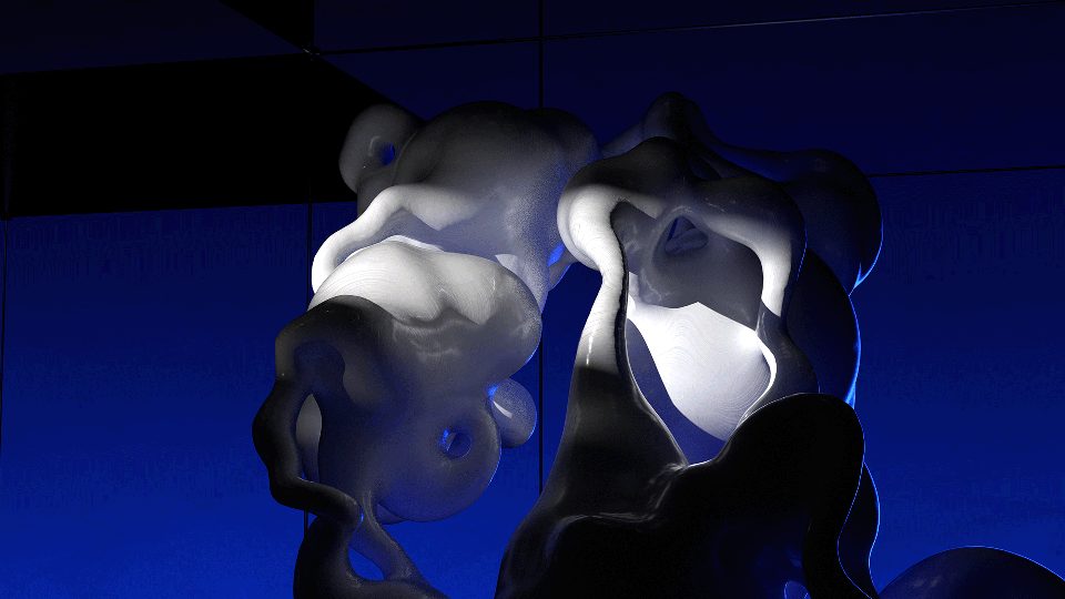 shading test of the sculpture in backlight against a dark blue space